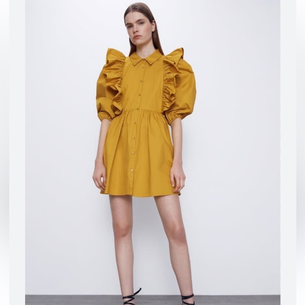 Zara Women’s Mustard Voluminous Ruffled 100% Cotton Button Up Dress Small